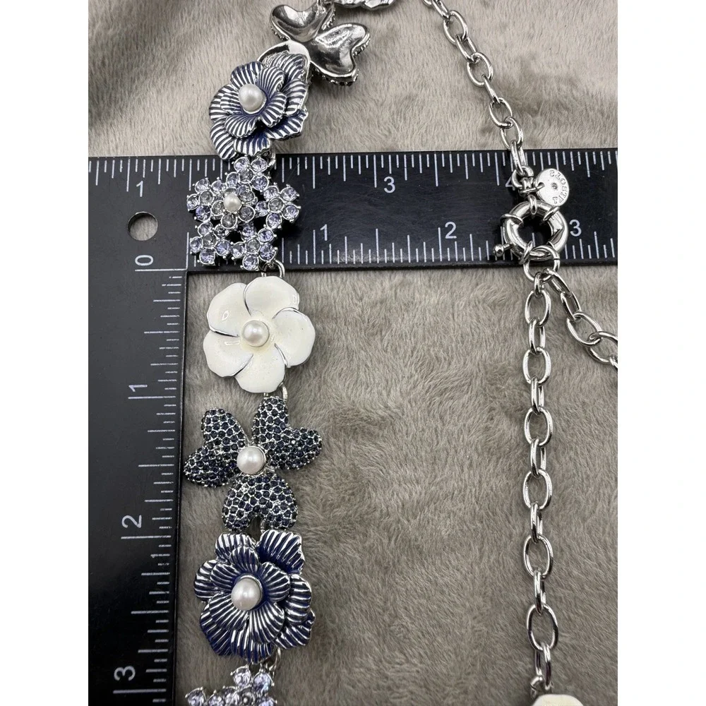 Talbots Necklace Blue White Rhinestone Flower Enamel Floral Charm 17